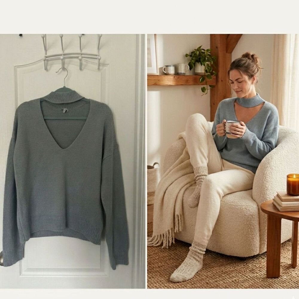 TOBI Dusty Blue V-Neck Cozy Cutout Choker Oversized Knit Sweater L Loungewear